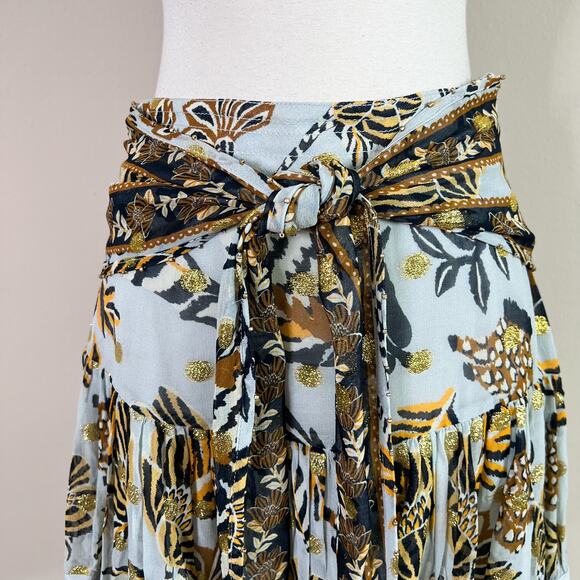 Farm Rio | Tapestry Blue Black Gold Tie Waist Ruffle Designer Mini Skirt XS - Picture 3 of 11